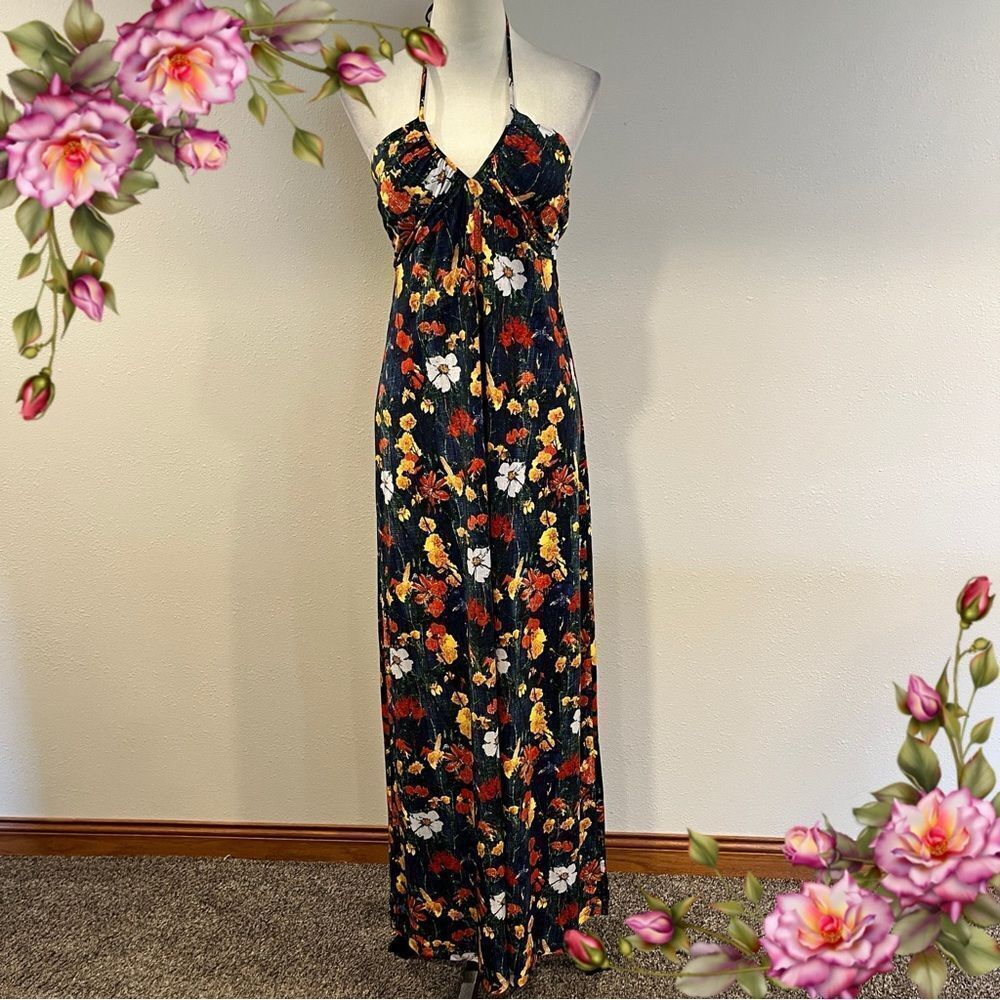 Y by‎ Amir Slama Navy Floral Halter Maxi Dress